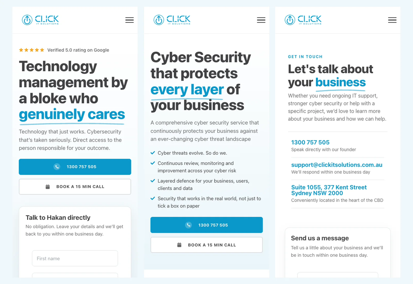 Three Click IT Solutions mobile layouts showing the homepage, cyber security service and contact page.