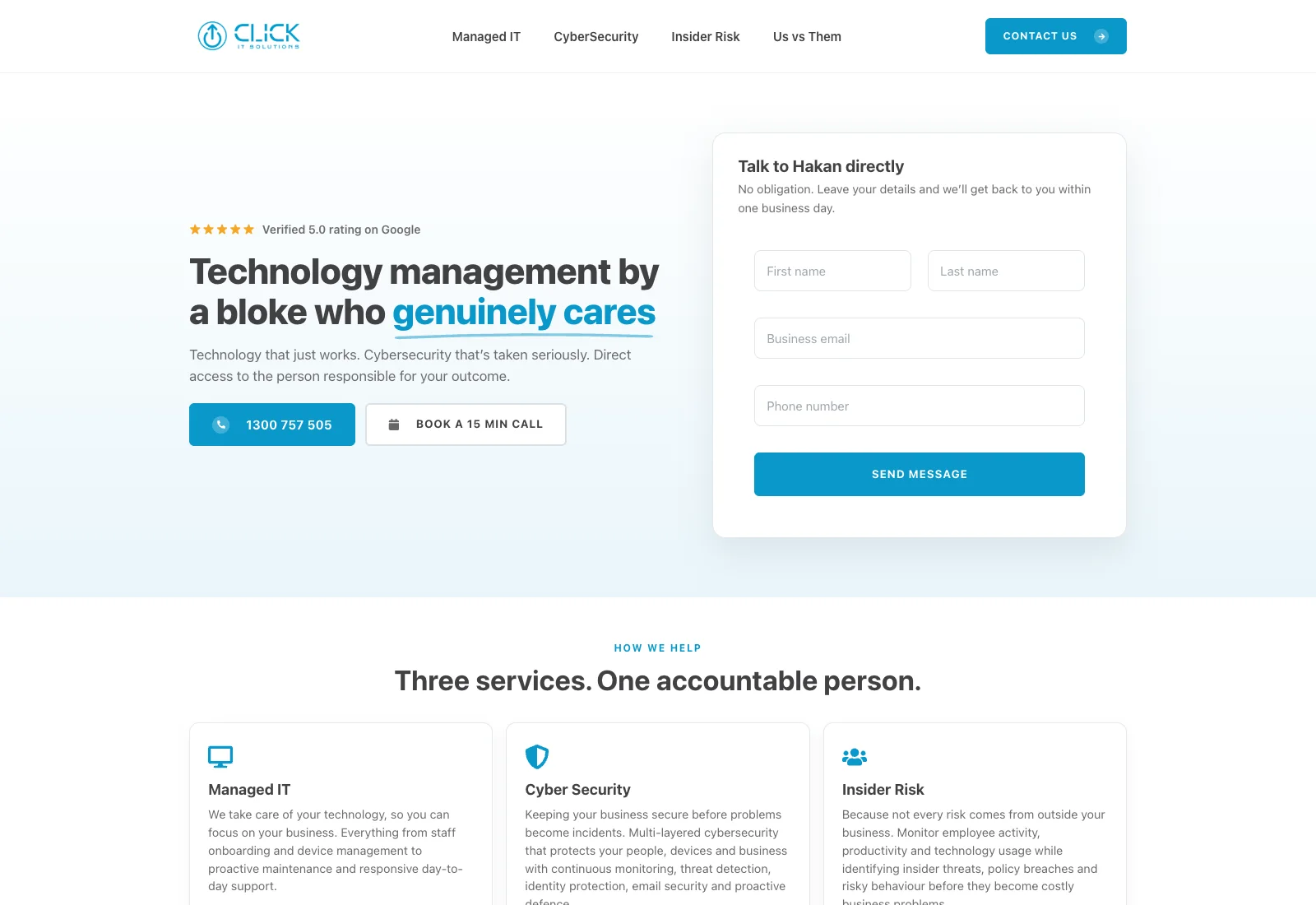 Click IT Solutions homepage showing its managed technology message, direct phone and booking actions, and an enquiry form.