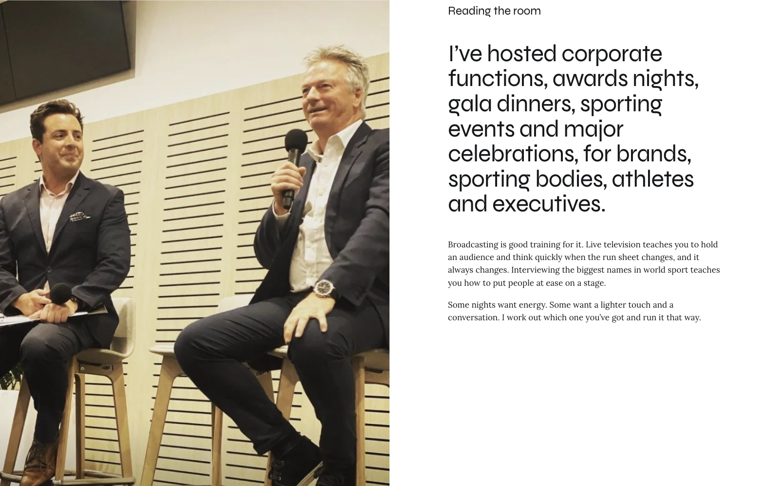 Daniel interviewing a guest on stage, beside an introduction to his approach to hosting events.