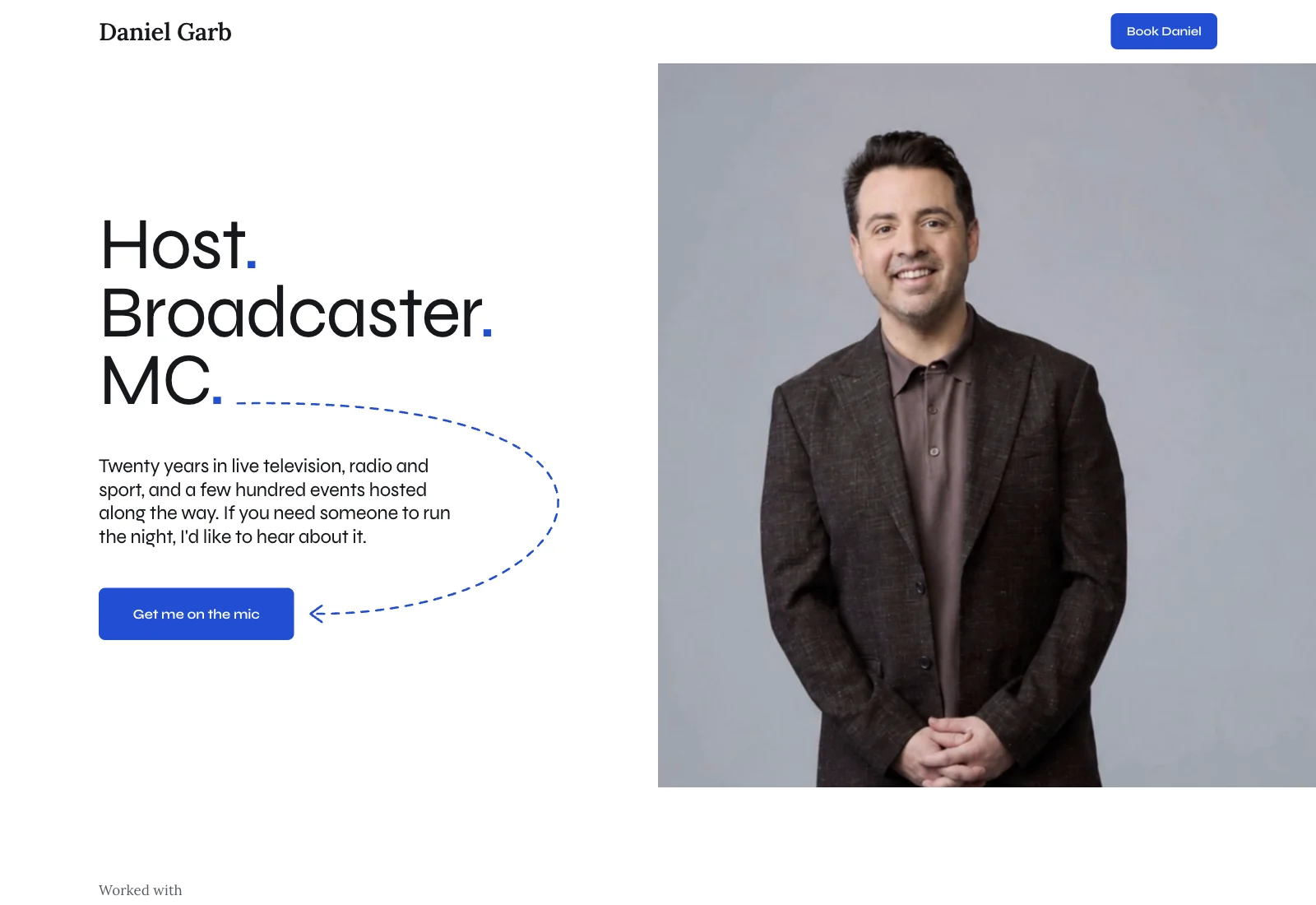 Daniel Garb's website, with the heading Host. Broadcaster. MC., a blue enquiry button and a large portrait of Daniel.