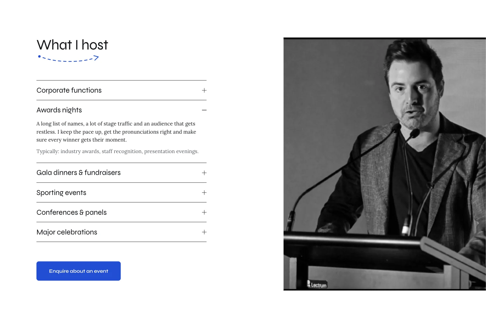 The What I host section with Awards nights expanded and a black-and-white photograph of Daniel at a lectern.