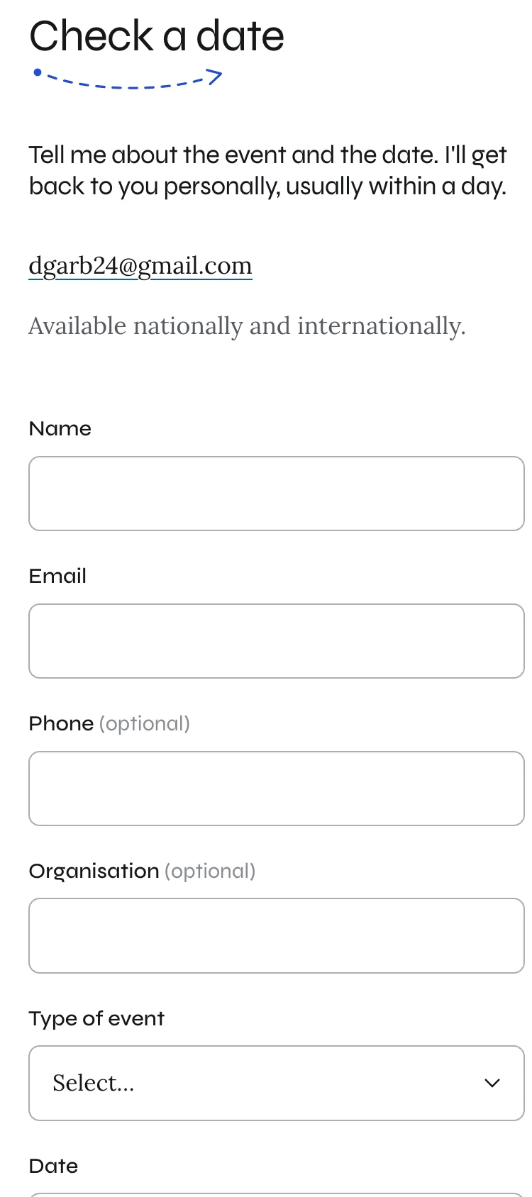 The Check a date section on a phone, with contact details followed by the event enquiry form.