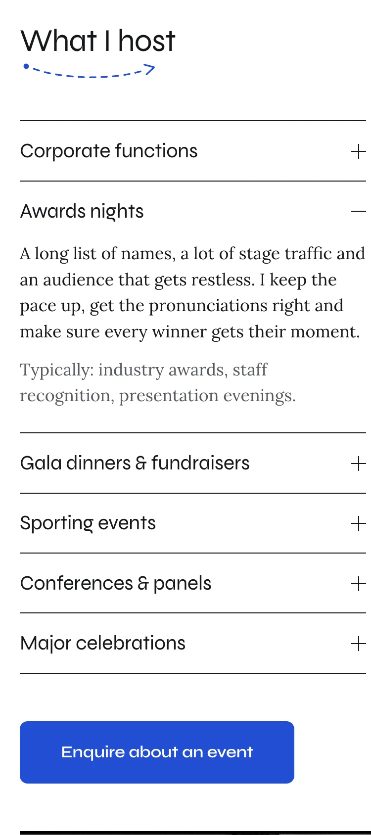 Event-hosting categories on a phone, with Awards nights expanded.