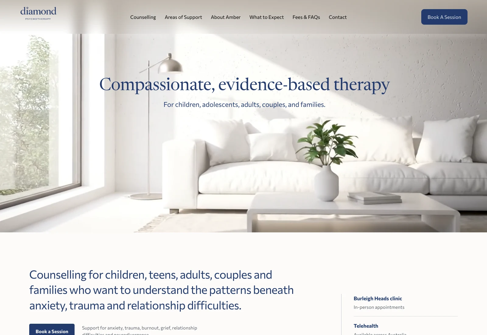 Diamond Psychotherapy homepage showing its counselling message, calm clinic setting and Book a Session action.