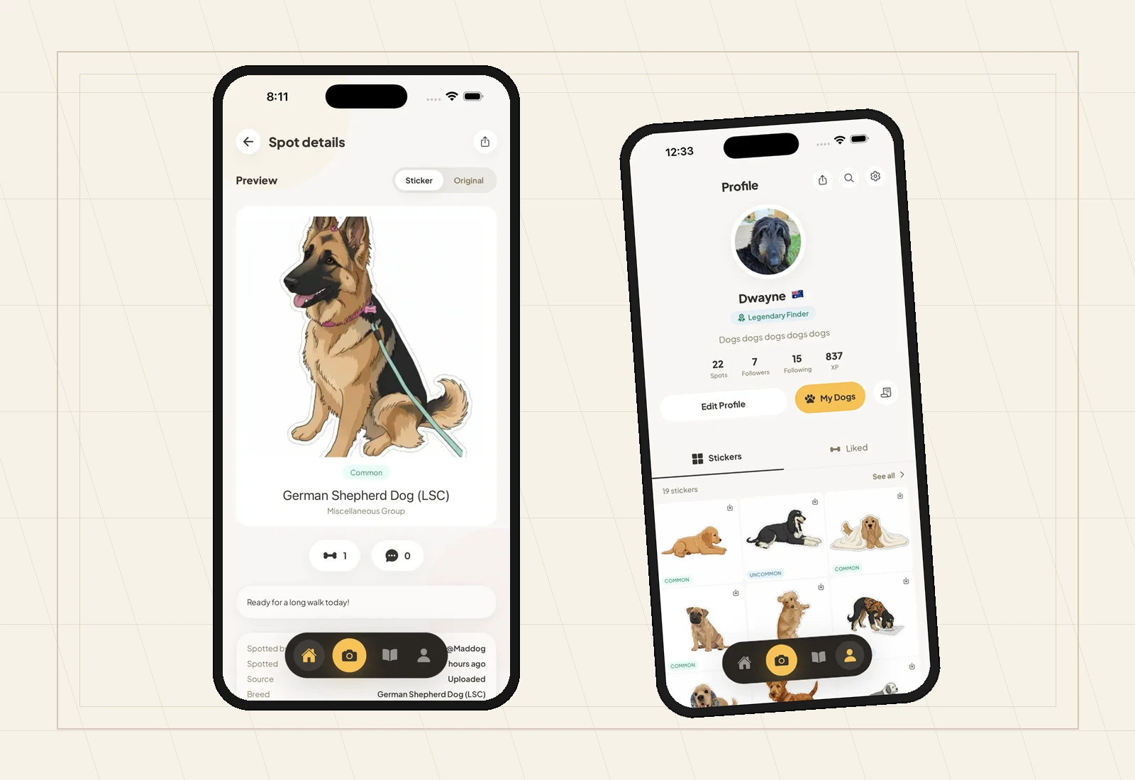 DroolFinder app screen showing a dog discovery turned into a collectible sticker.
