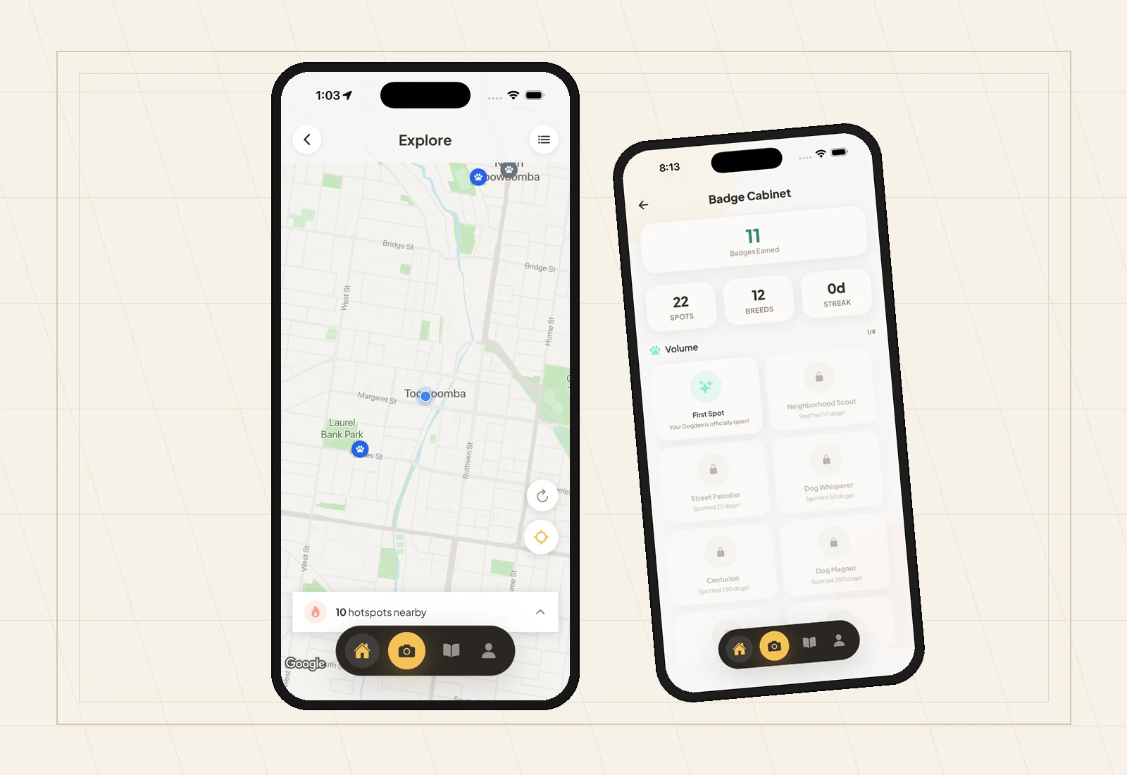 DroolFinder app screen showing map and location-aware dog spotting features.