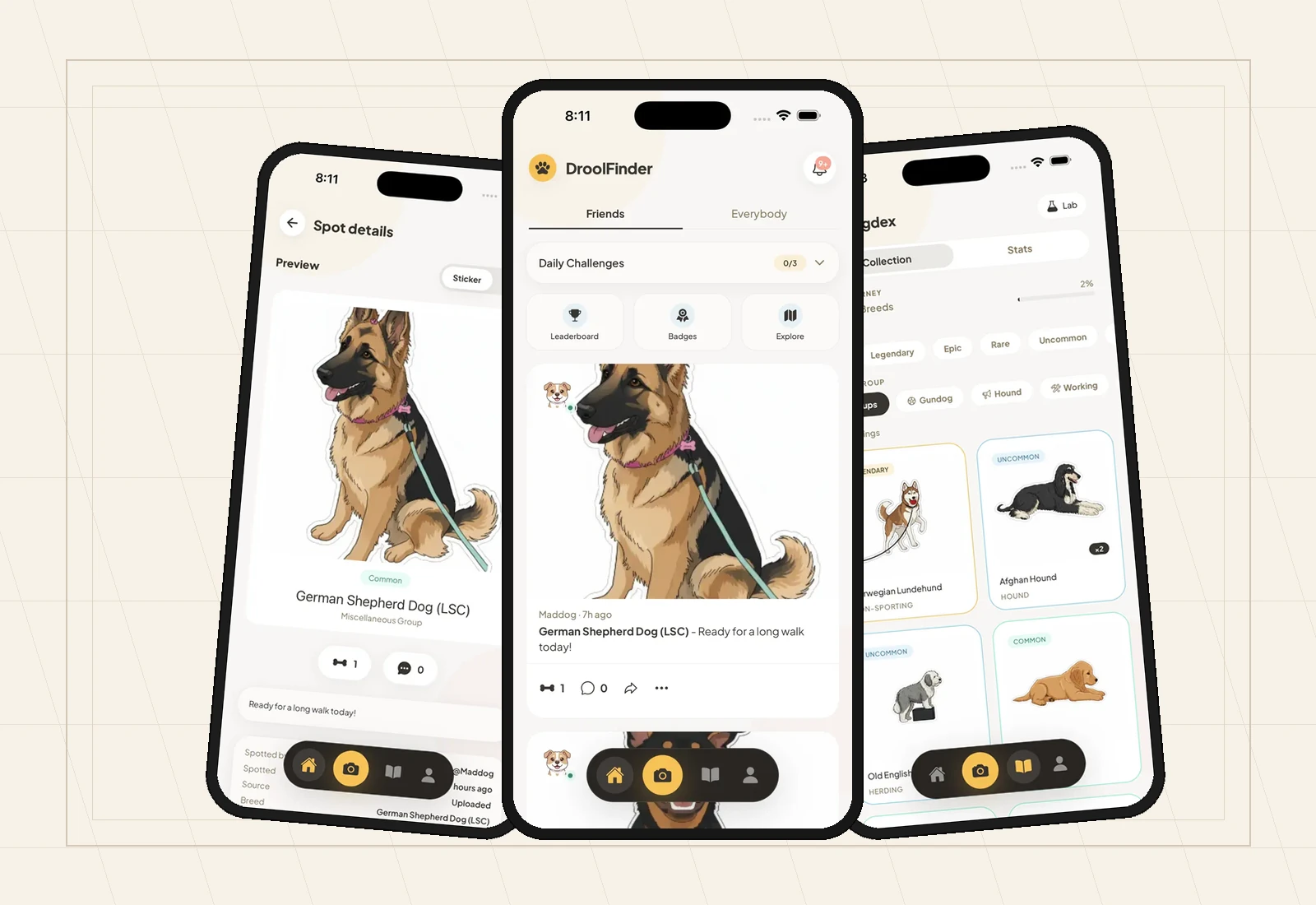 DroolFinder mobile app screens showing dog spotting, collectible stickers and location-aware discovery.