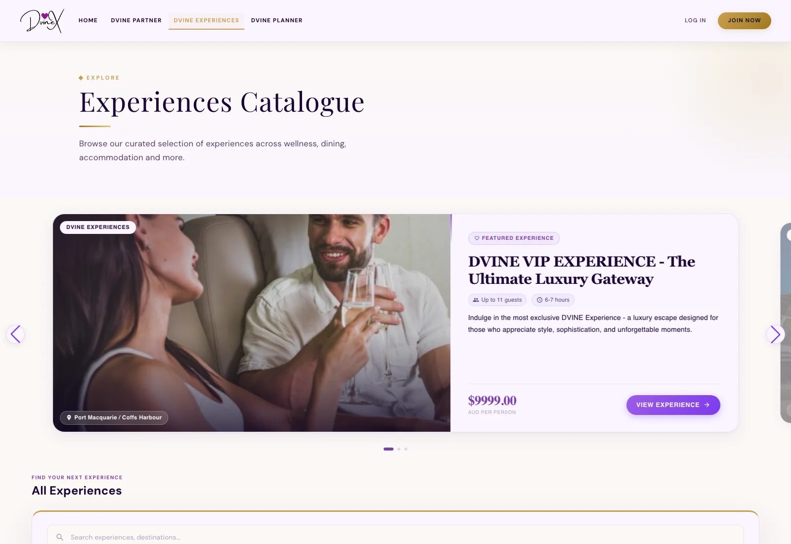 DVINEX experience catalogue with a featured regional experience, provider photography and a link to experience details.