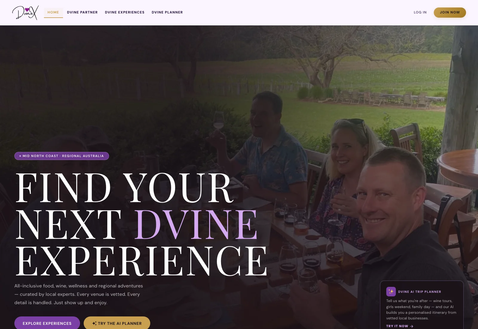 DVINEX travel discovery platform, showing its homepage, experience catalogue, itinerary planner and partner directory.
