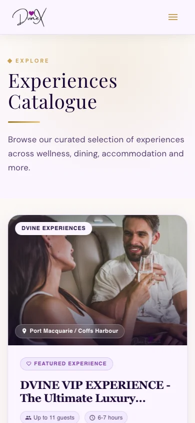 DVINEX experience catalogue on a phone, with a featured experience and a link to its details.