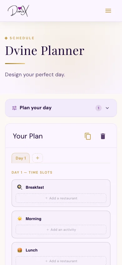 DVINEX planner on a phone, with day controls and itinerary time slots arranged for a narrow screen.