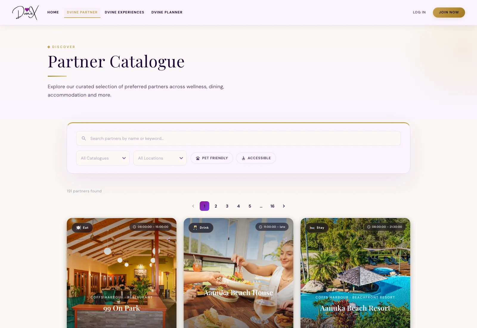 DVINEX partner directory with regional business listings and controls for finding places to visit.