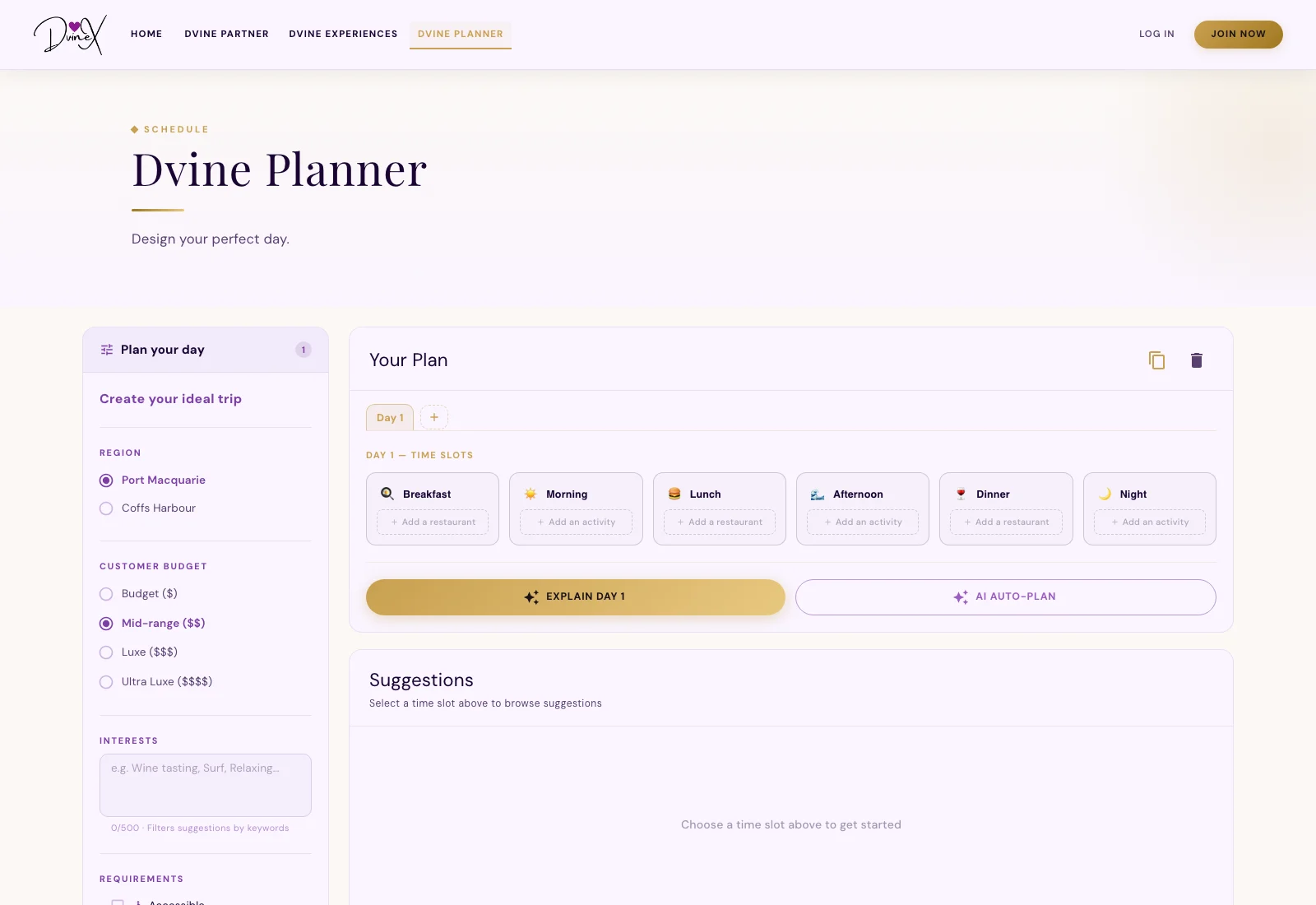 DVINEX itinerary planner with region and budget preferences beside a day divided into breakfast, morning, lunch, afternoon, dinner and night.