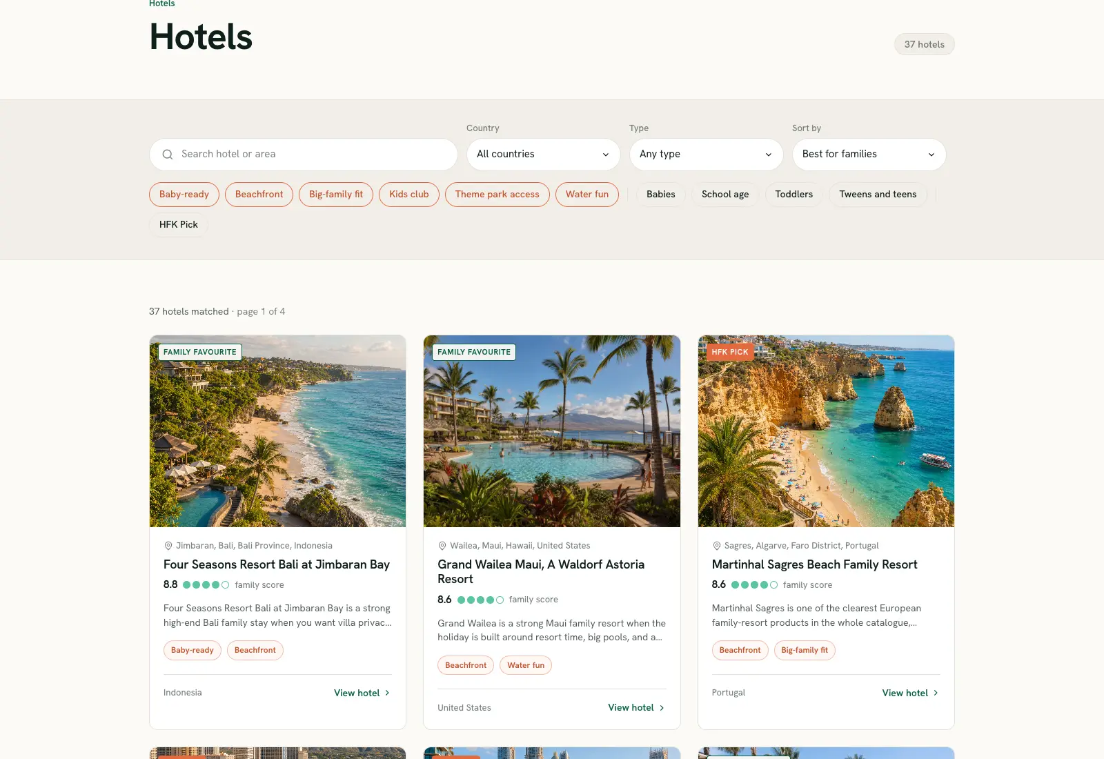 The Hotels for Kids directory with family-setup filters and hotel cards, each showing a family score and badges like baby-ready and beachfront.