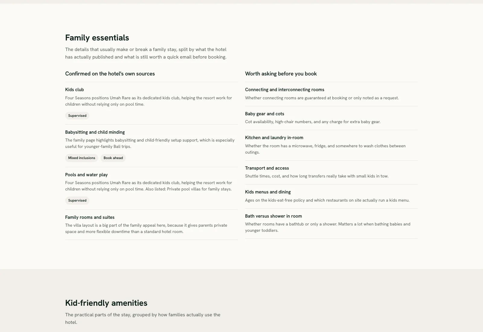 The family essentials section splitting amenities into what is confirmed on the hotel's own sources and what is worth asking before booking.