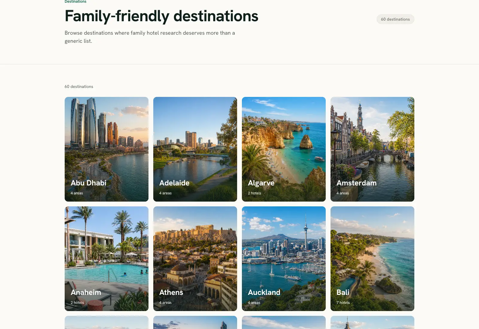 The Hotels for Kids destinations index showing a grid of family-friendly destinations from Abu Dhabi and Adelaide to Bali and the Algarve.