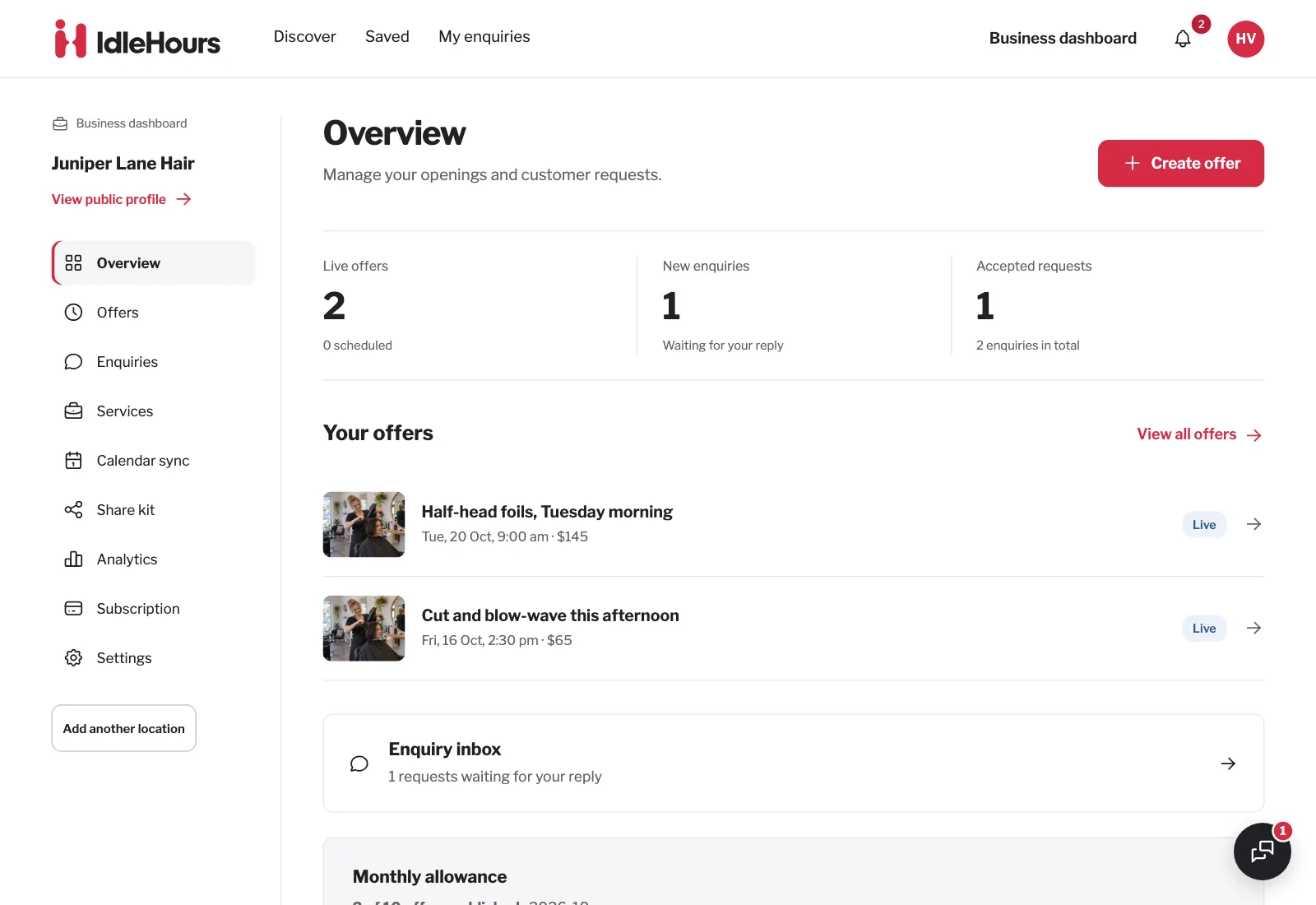 Business dashboard overview showing live offers, new enquiries and accepted requests, with the business's two live offers listed below.