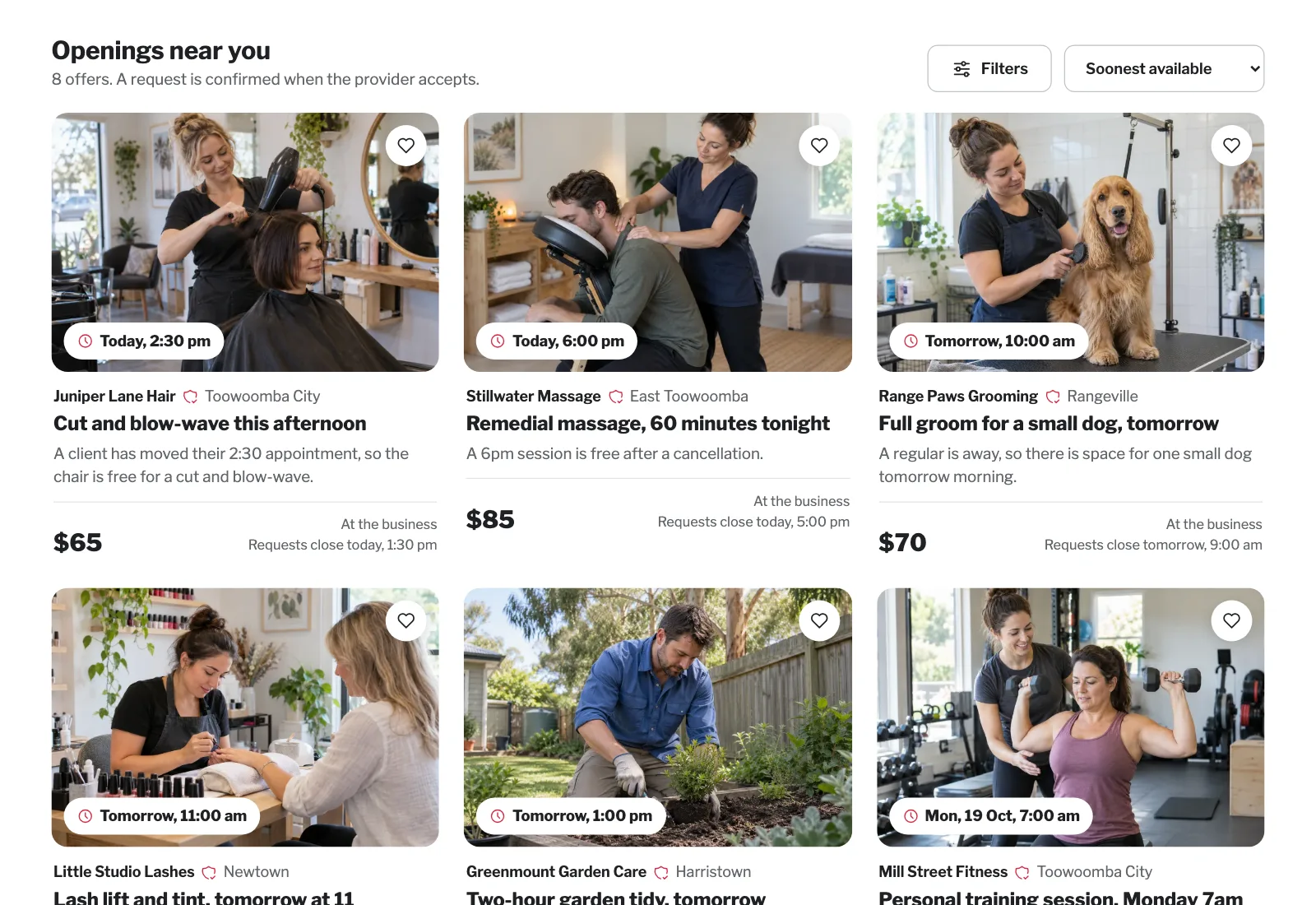 Openings near you: offer cards for a haircut, a remedial massage and a dog groom, each with a photo, start time, business, suburb and price.