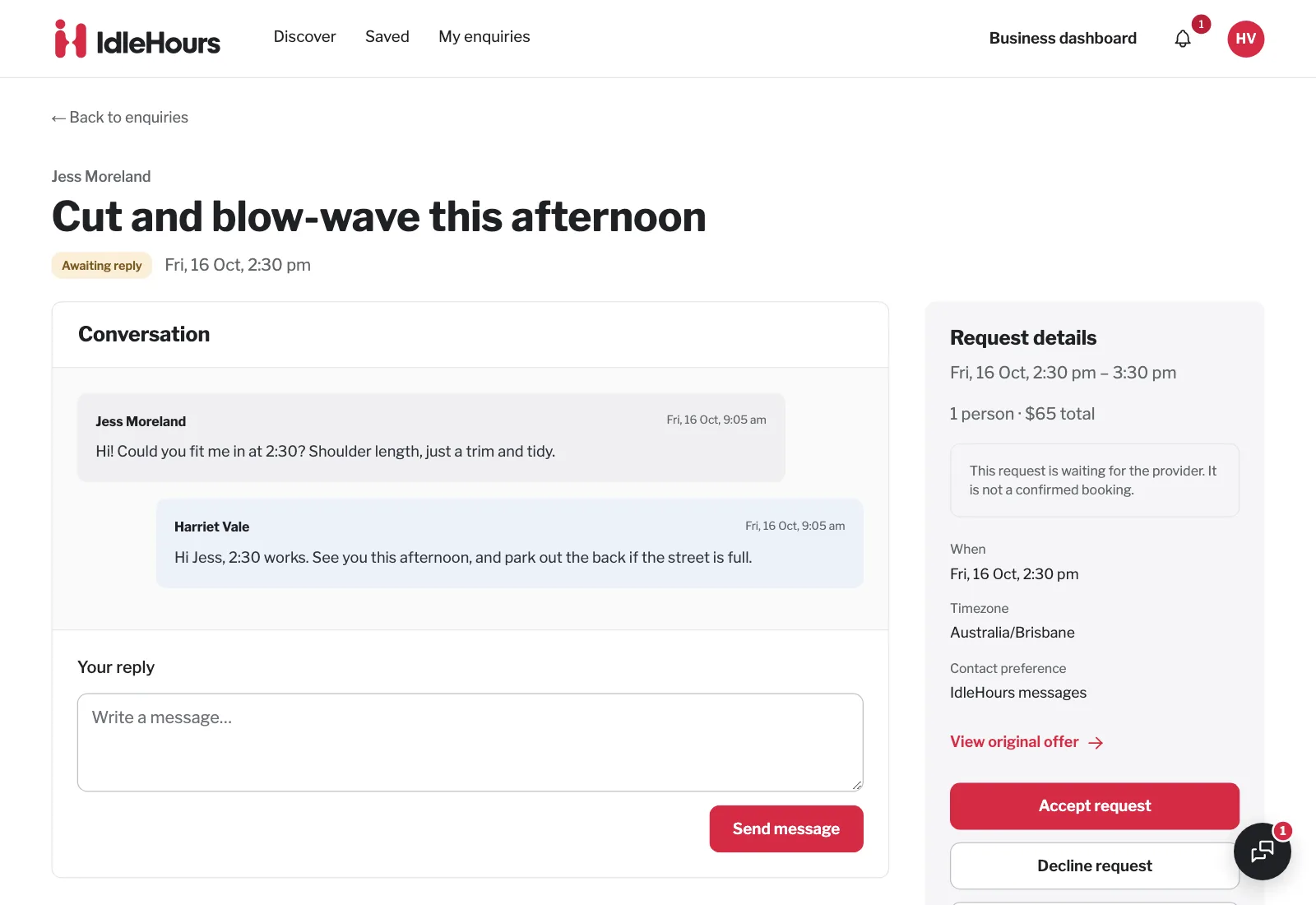 Business view of a booking request, with the customer's message, a reply box and Accept request and Decline request buttons beside the request details.