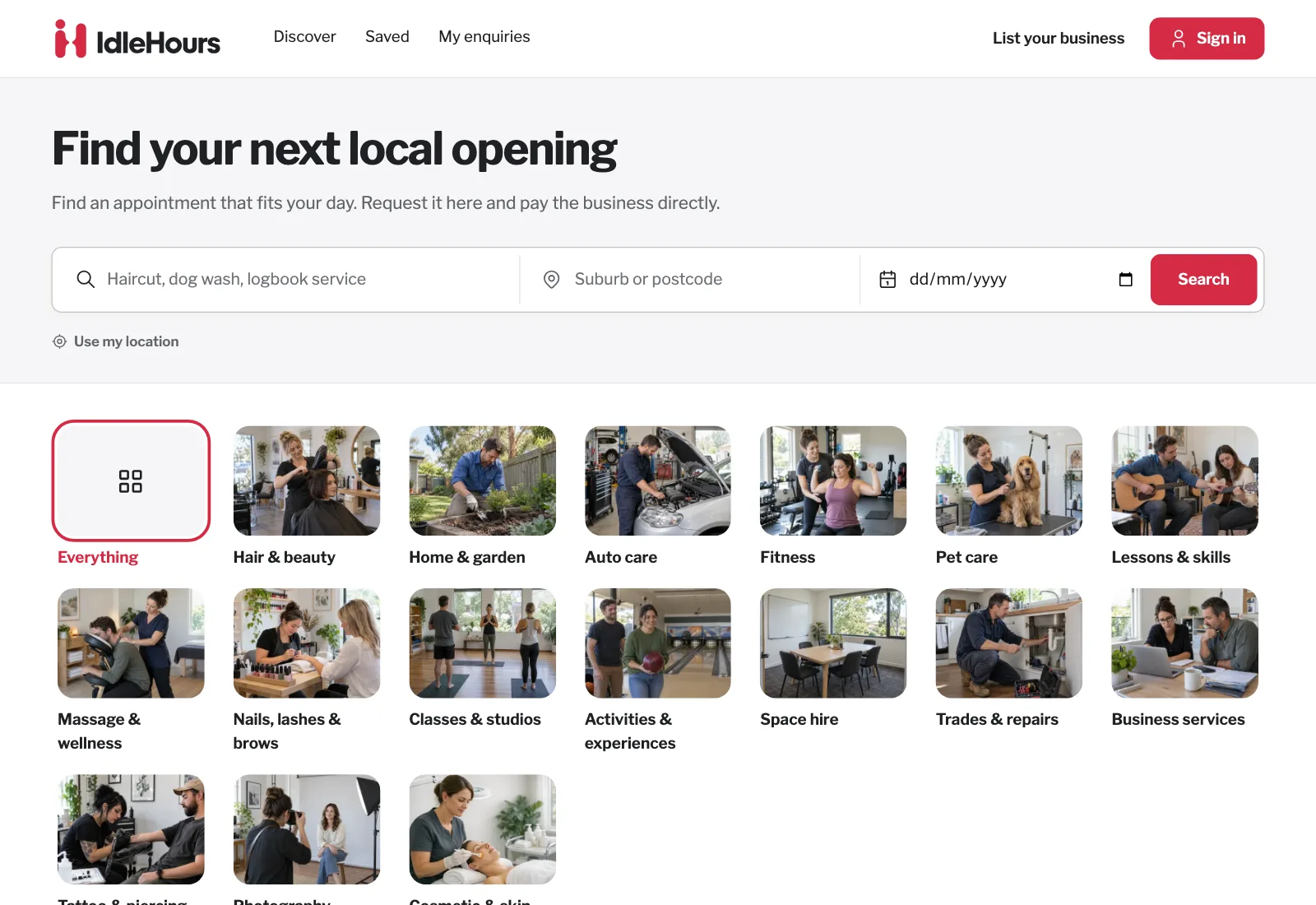 IdleHours homepage, with the heading Find your next local opening above a search bar for service, suburb and date, and a grid of photographed service categories.
