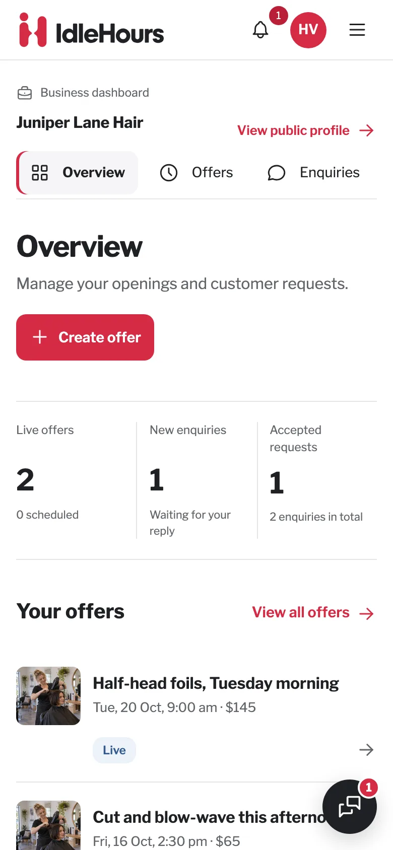 Business dashboard on a phone, with the section tabs across the top, the offer counts and the business's offers.