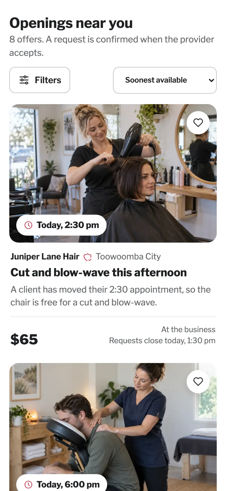Openings near you on a phone, with filter and sort controls above a full-width offer card.