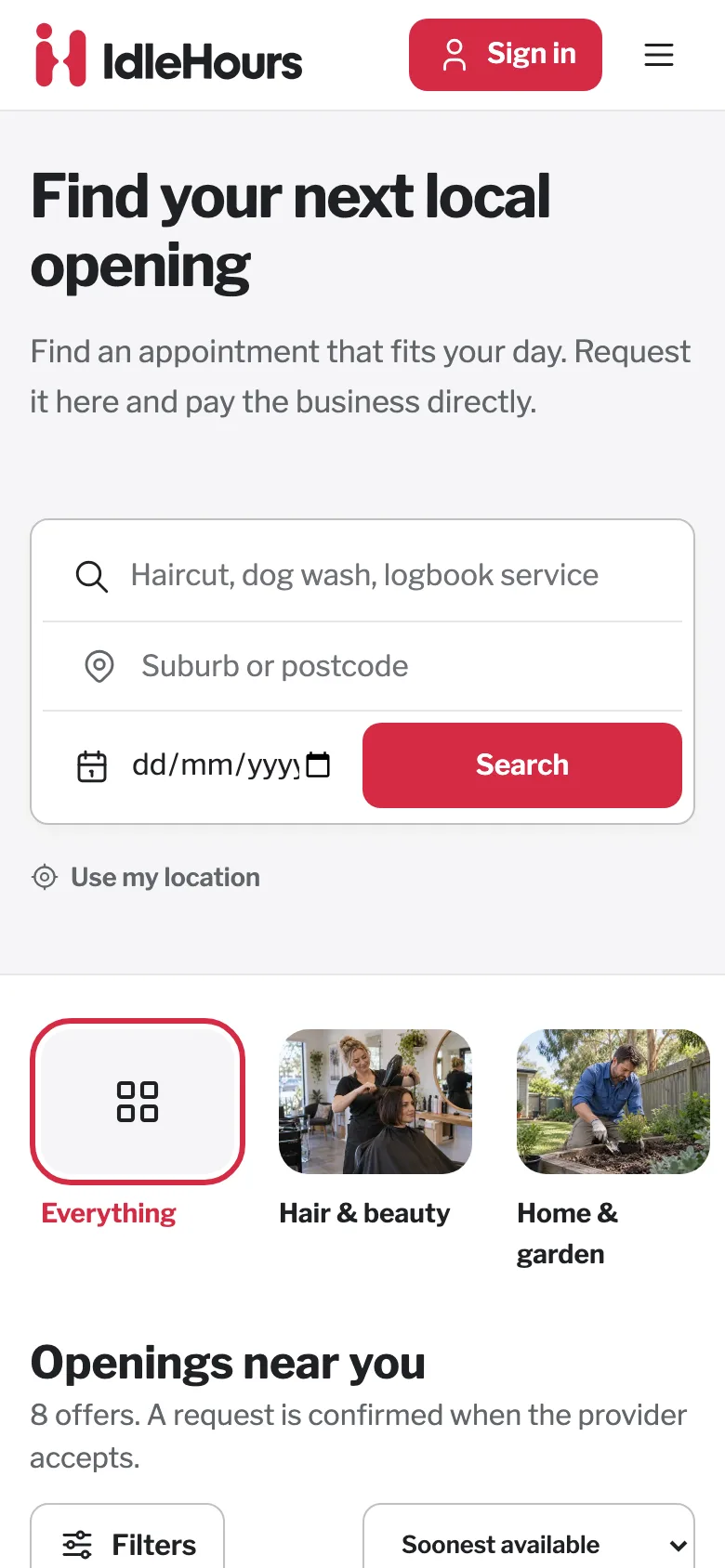 IdleHours homepage on a phone, with the search fields stacked under the heading and the service categories below.