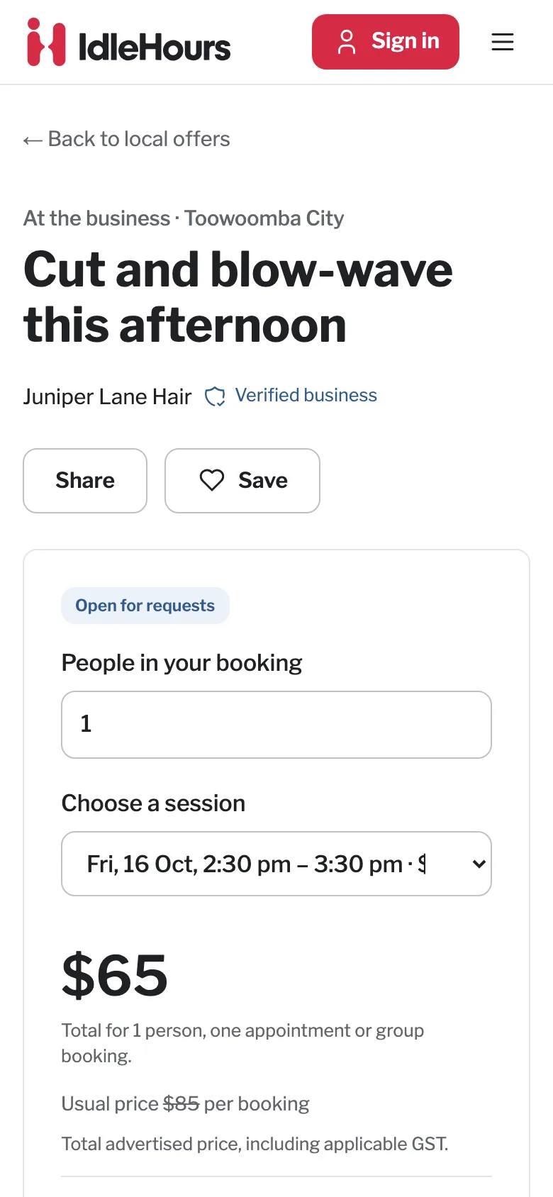 Offer page on a phone, with the session picker and price in a panel under the heading.