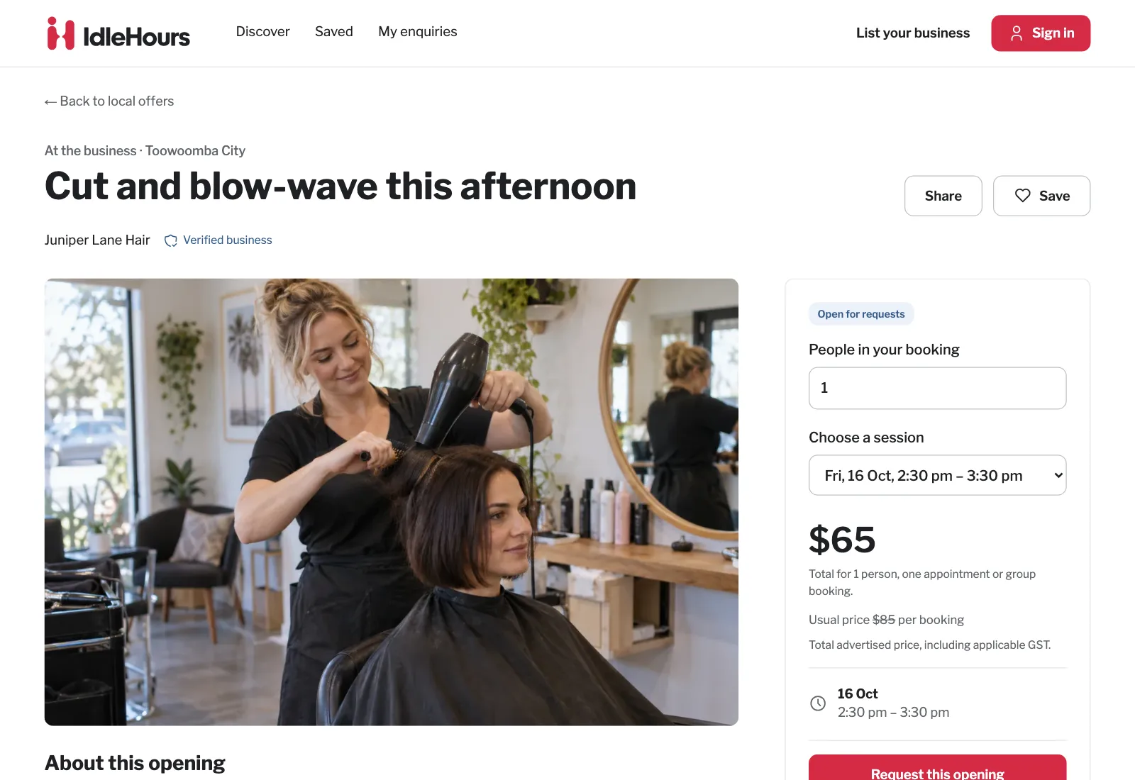 IdleHours offer page for a cut and blow-wave this afternoon, with a large salon photo, a verified business badge, the session time, a $65 price and the usual price of $85 struck through.