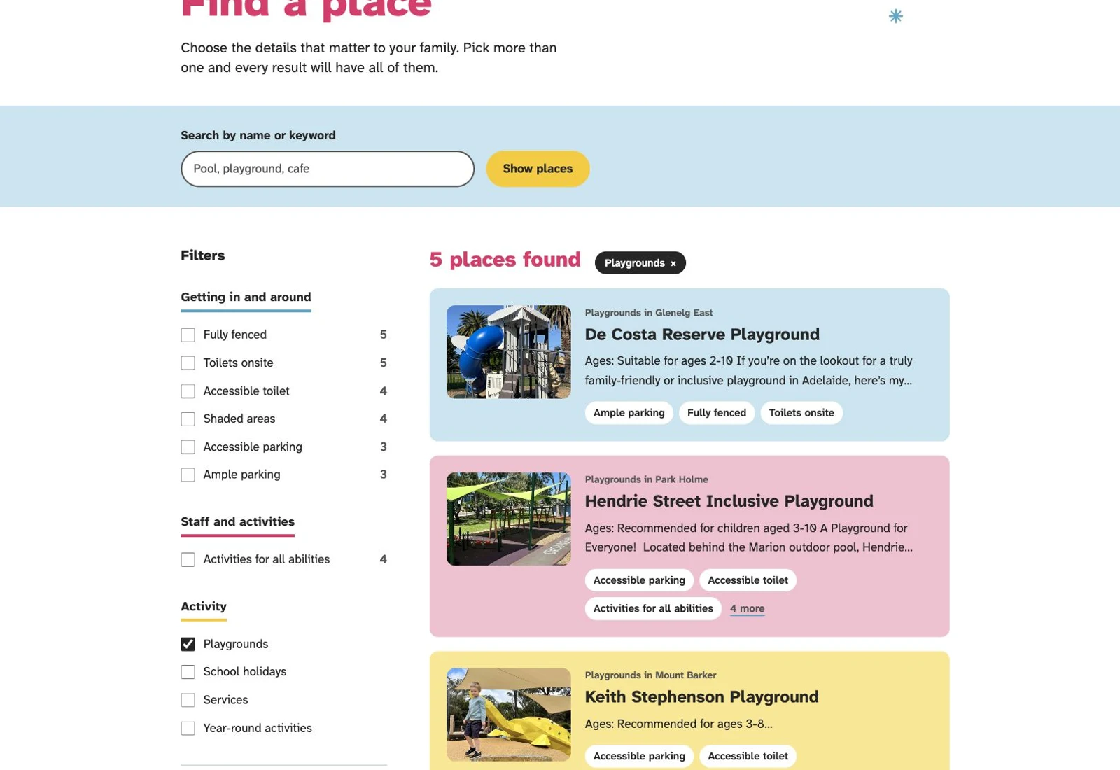 Playground directory with inclusion filters and colourful listings for Adelaide families.