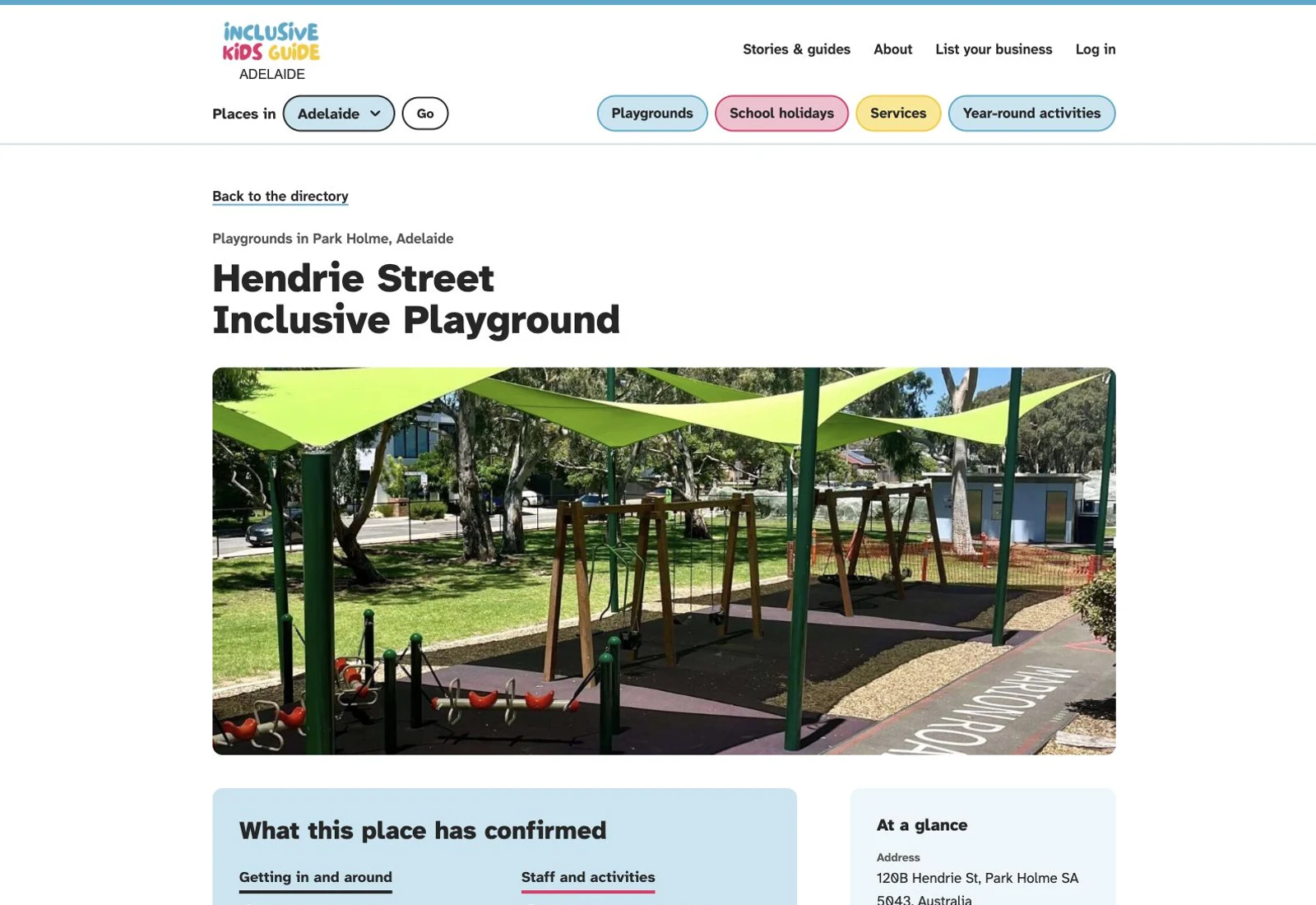 Hendrie Street Inclusive Playground listing with a venue photograph and confirmed inclusion details.