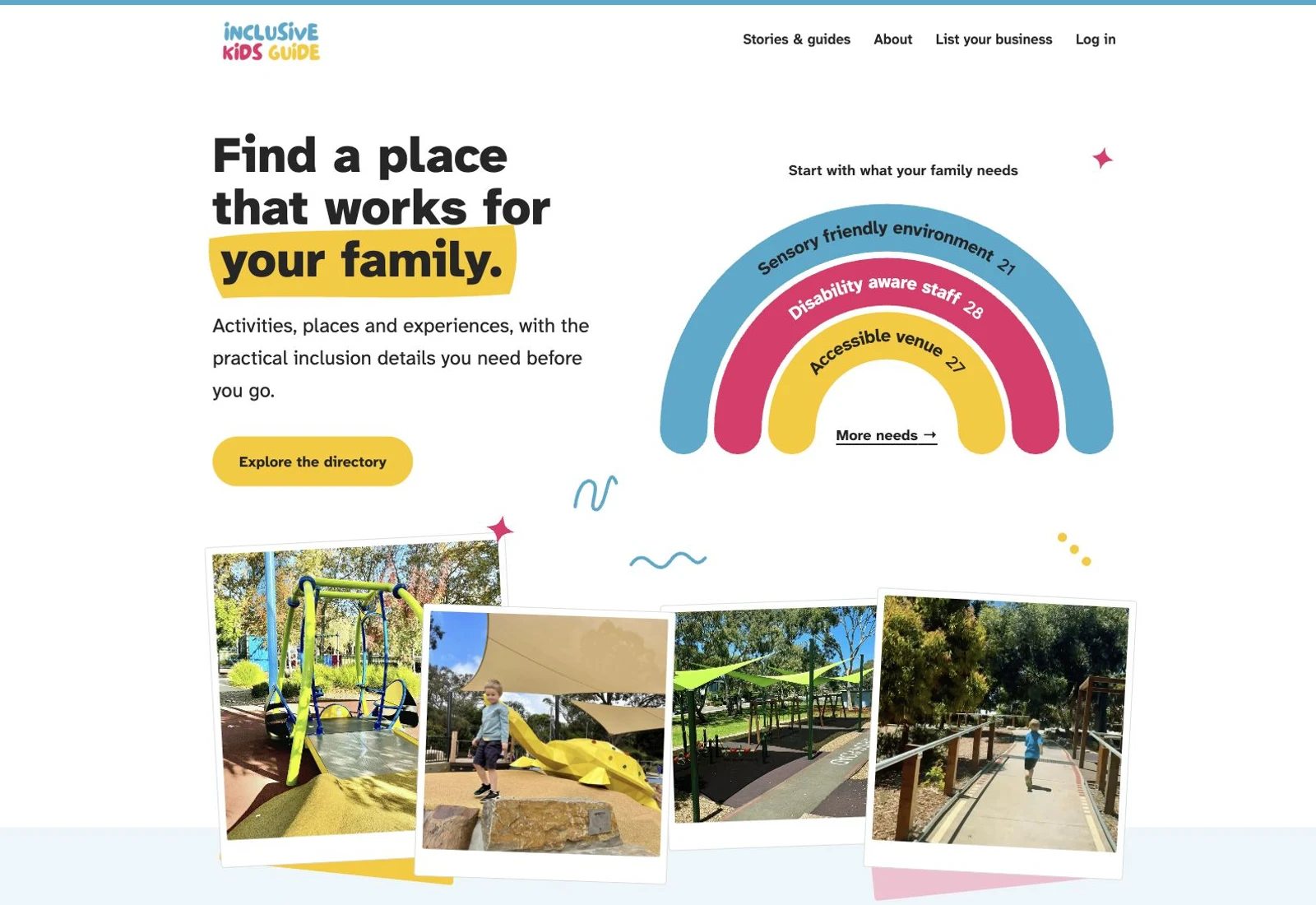 Inclusive Kids Guide homepage with its colourful rainbow, family outing photographs and directory search.
