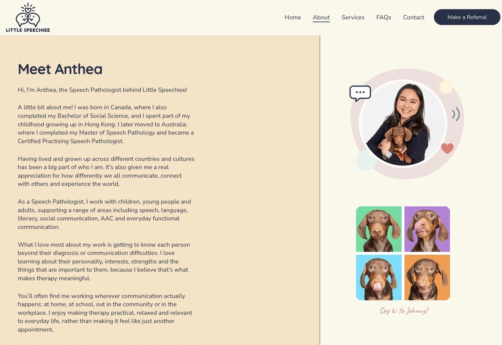 Anthea's introduction alongside photographs of her and Johnny the dachshund.
