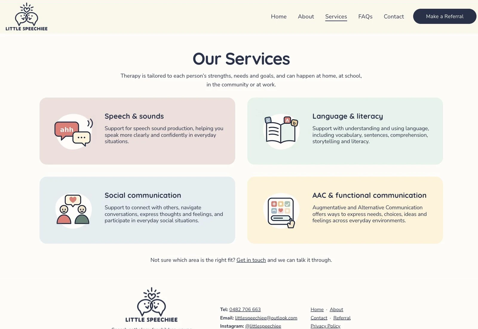 Little Speechie services page with illustrated explanations of speech, language, social communication and AAC support.