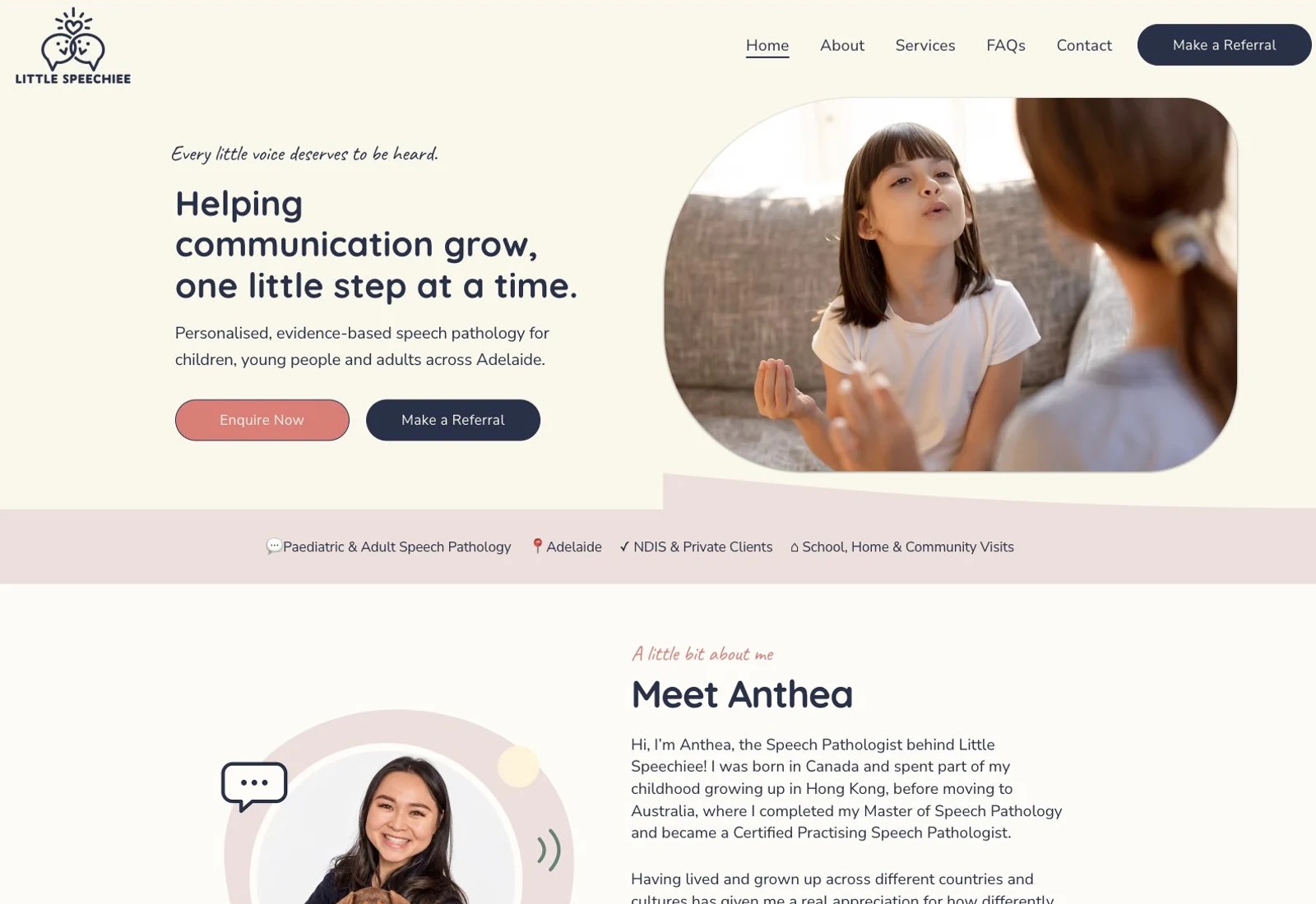 Little Speechie homepage with warm cream and navy styling, a speech therapy photograph and clear enquiry and referral options.