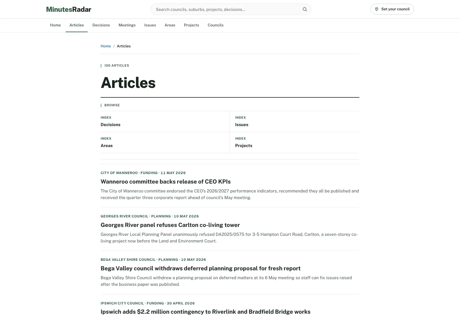 Minutes Radar articles index with plain-English summaries of council decisions.