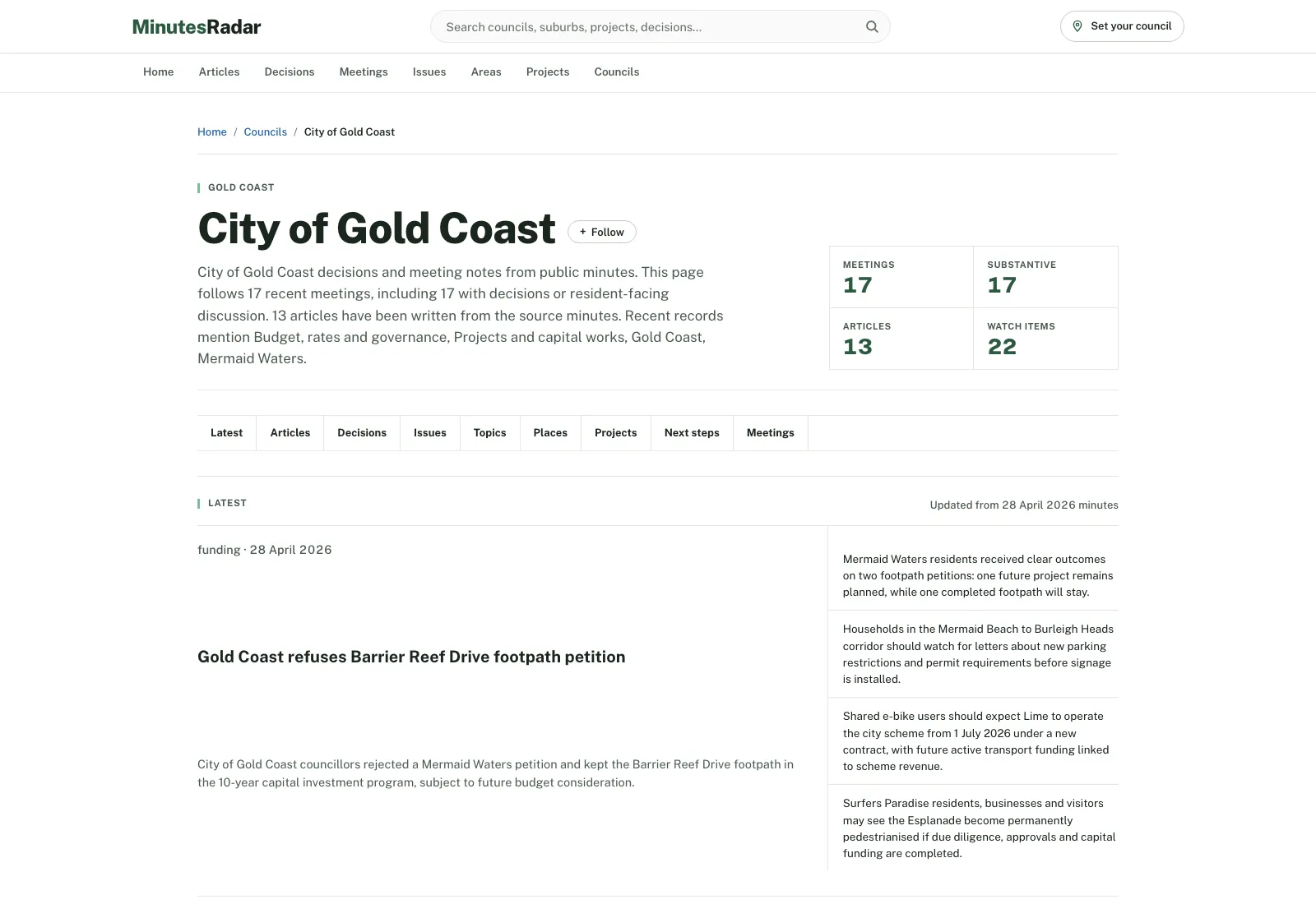 A Minutes Radar council page summarising meetings, decisions and projects for one council.