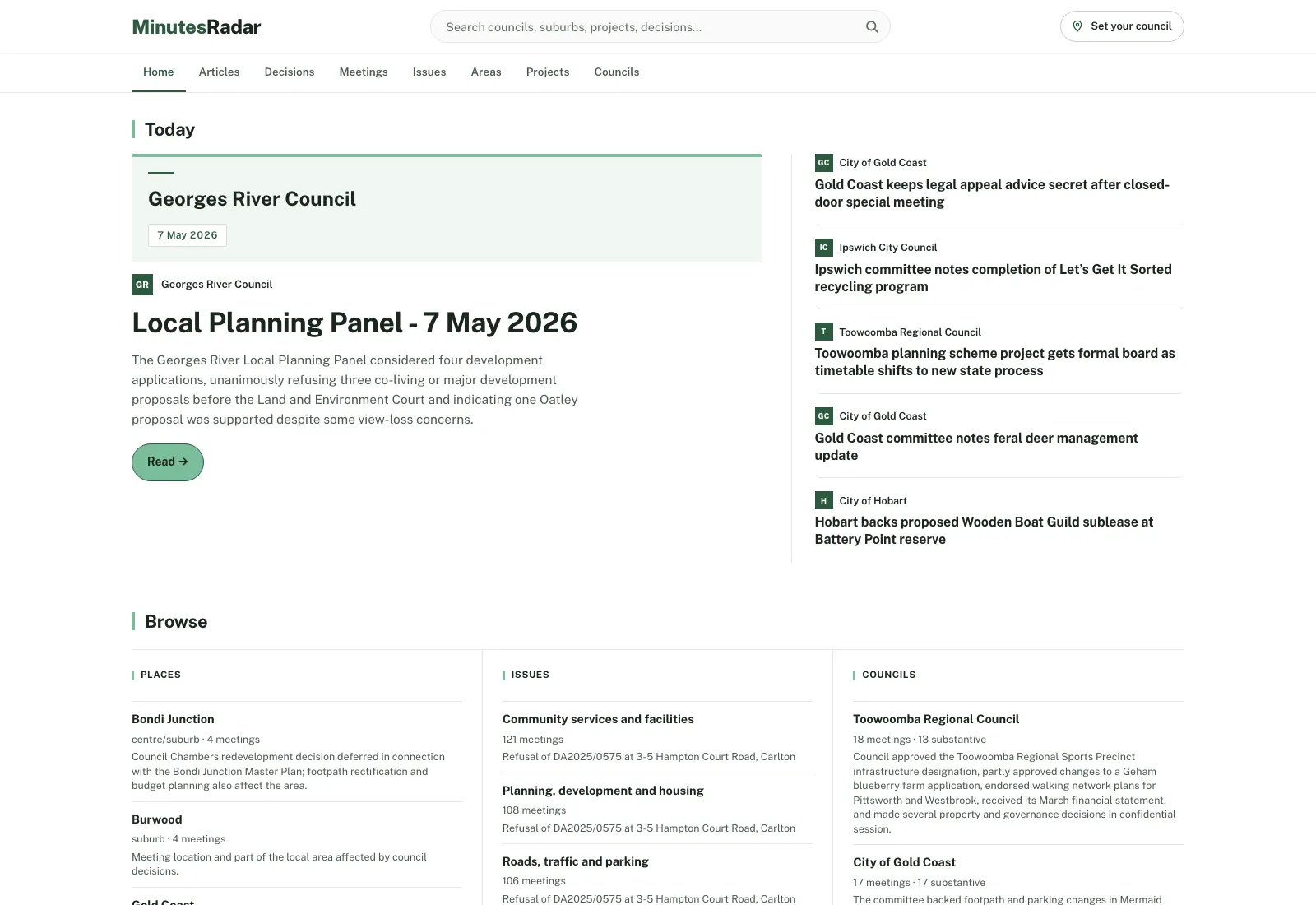Minutes Radar homepage showing council meeting articles, issues, projects and council browsing.