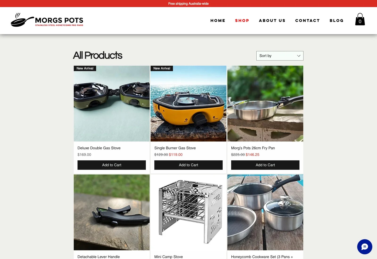 Morgs Pots shop page showing cookware and portable stoves with clear product photography, prices and add-to-cart buttons.