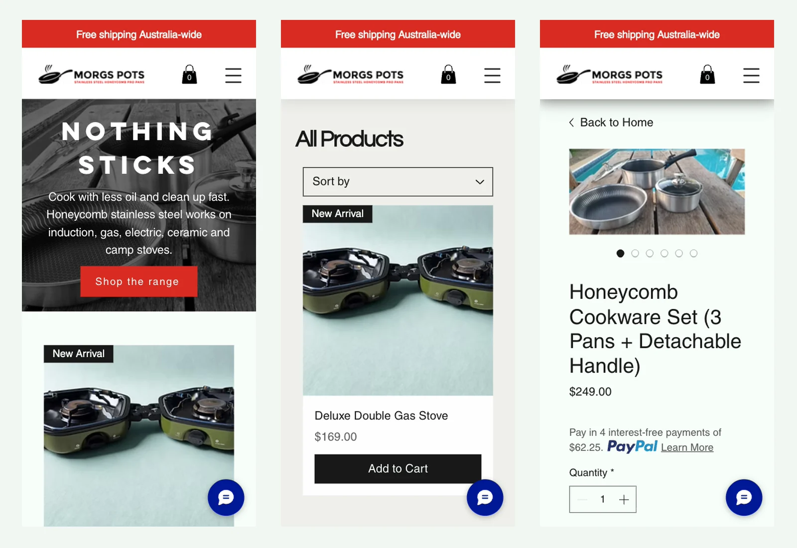 Three Morgs Pots mobile layouts showing the homepage, product grid and honeycomb cookware product page.