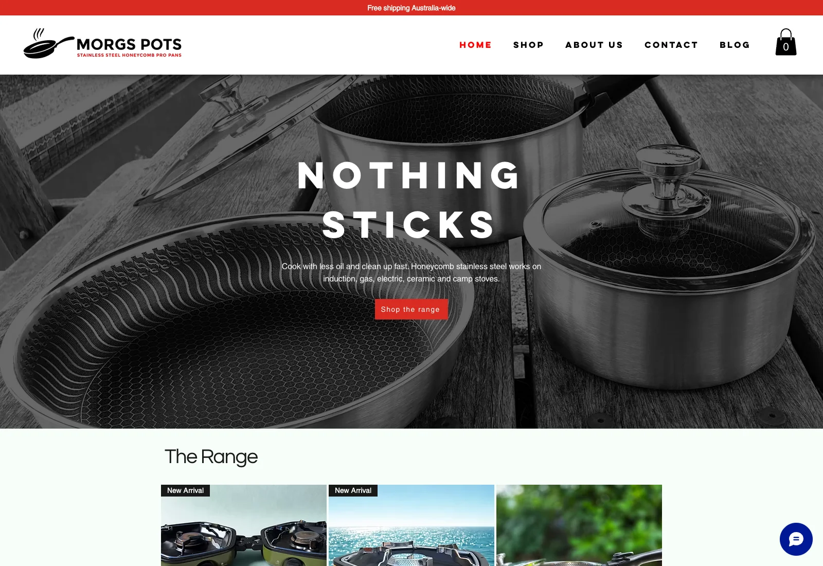 Morgs Pots homepage showing the Nothing Sticks message, free Australia-wide shipping, stainless steel cookware and a direct shop action.