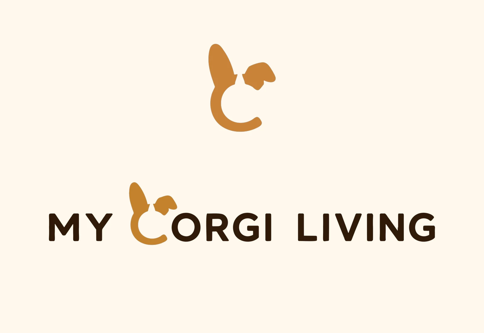 My Corgi Living logo system showing the compact corgi-ear C mark above the full wordmark on a cream background.