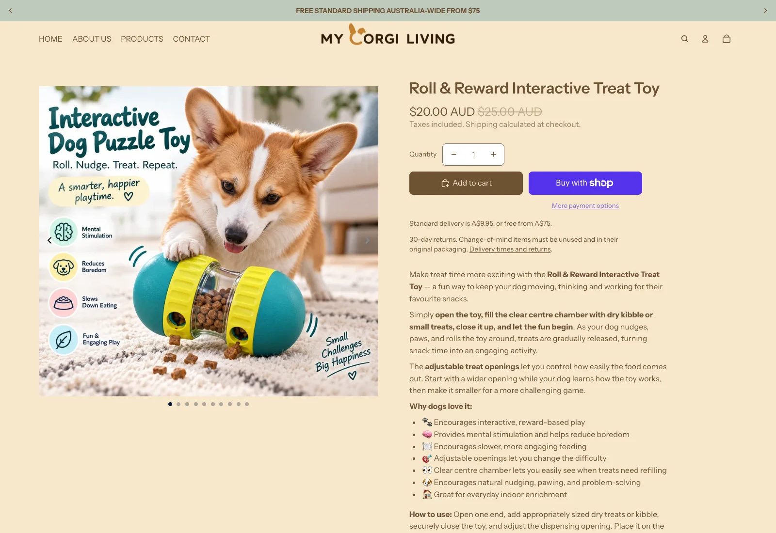 My Corgi Living product page showing the product gallery, price, quantity control, purchase actions, delivery information and revised product copy.