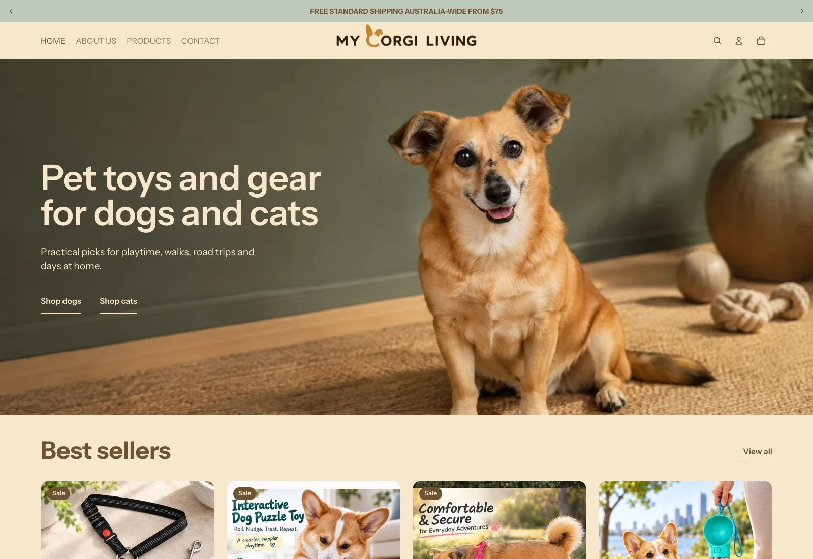 My Corgi Living homepage with the new wordmark, a photograph of Bubs and direct routes to shop dog and cat products.