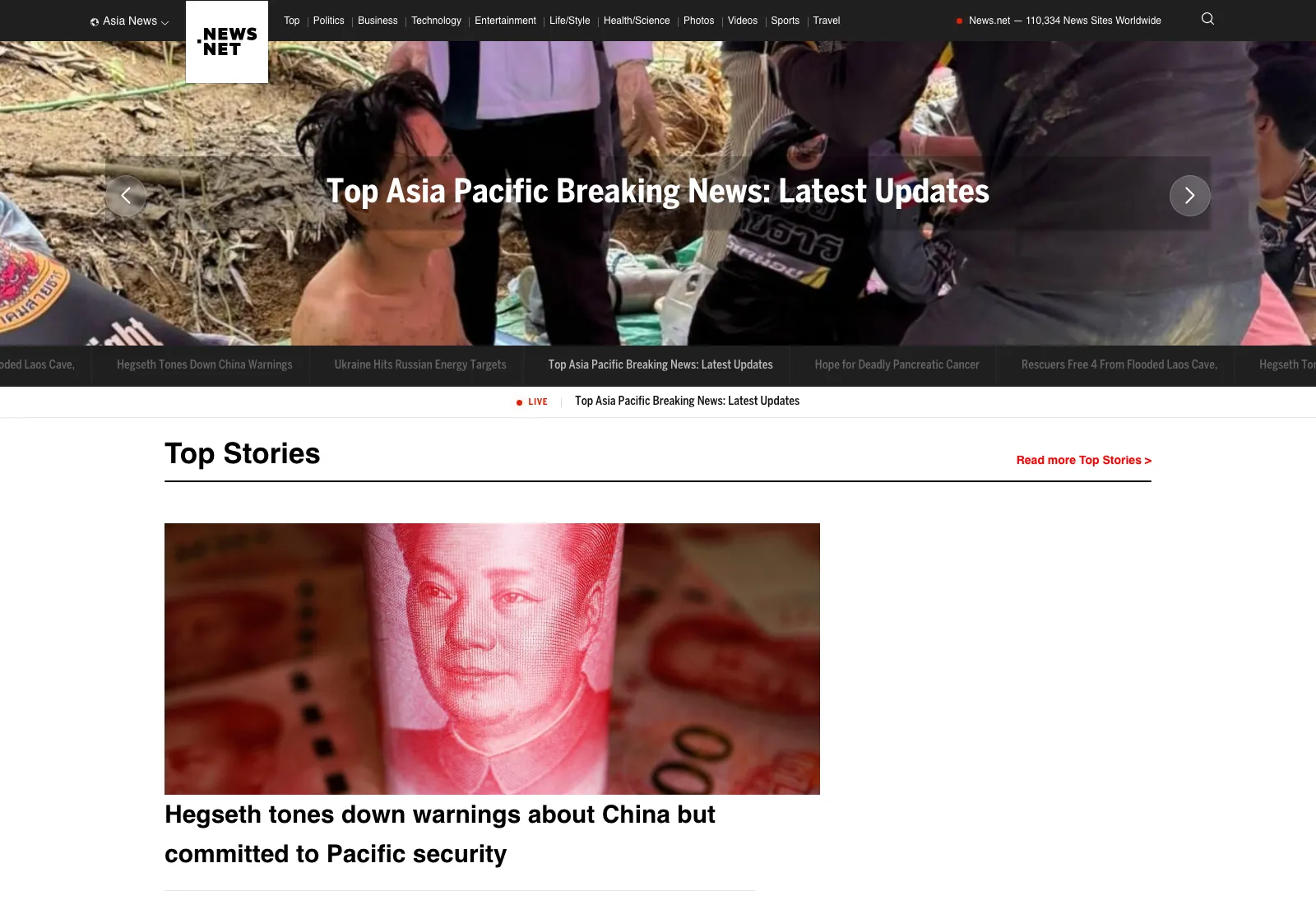 A News.net regional edition for Asia Pacific showing localised breaking news and top stories.