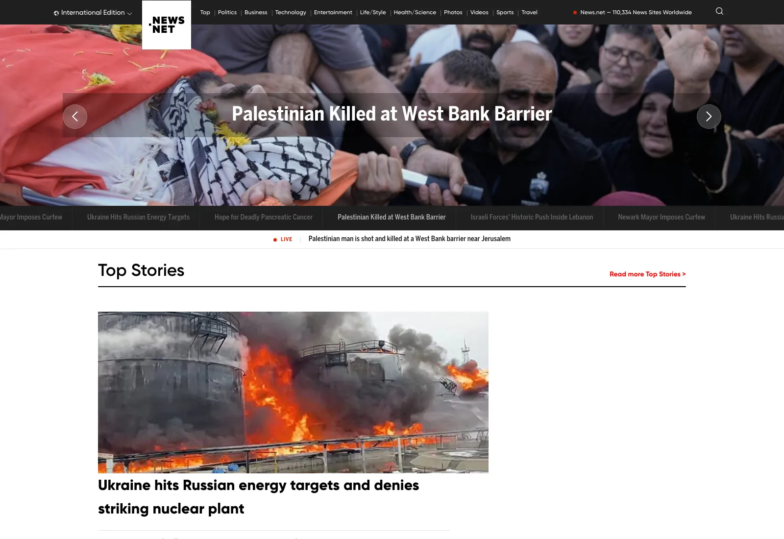 News.net homepage showing the international edition with breaking news, top stories and a worldwide network banner.