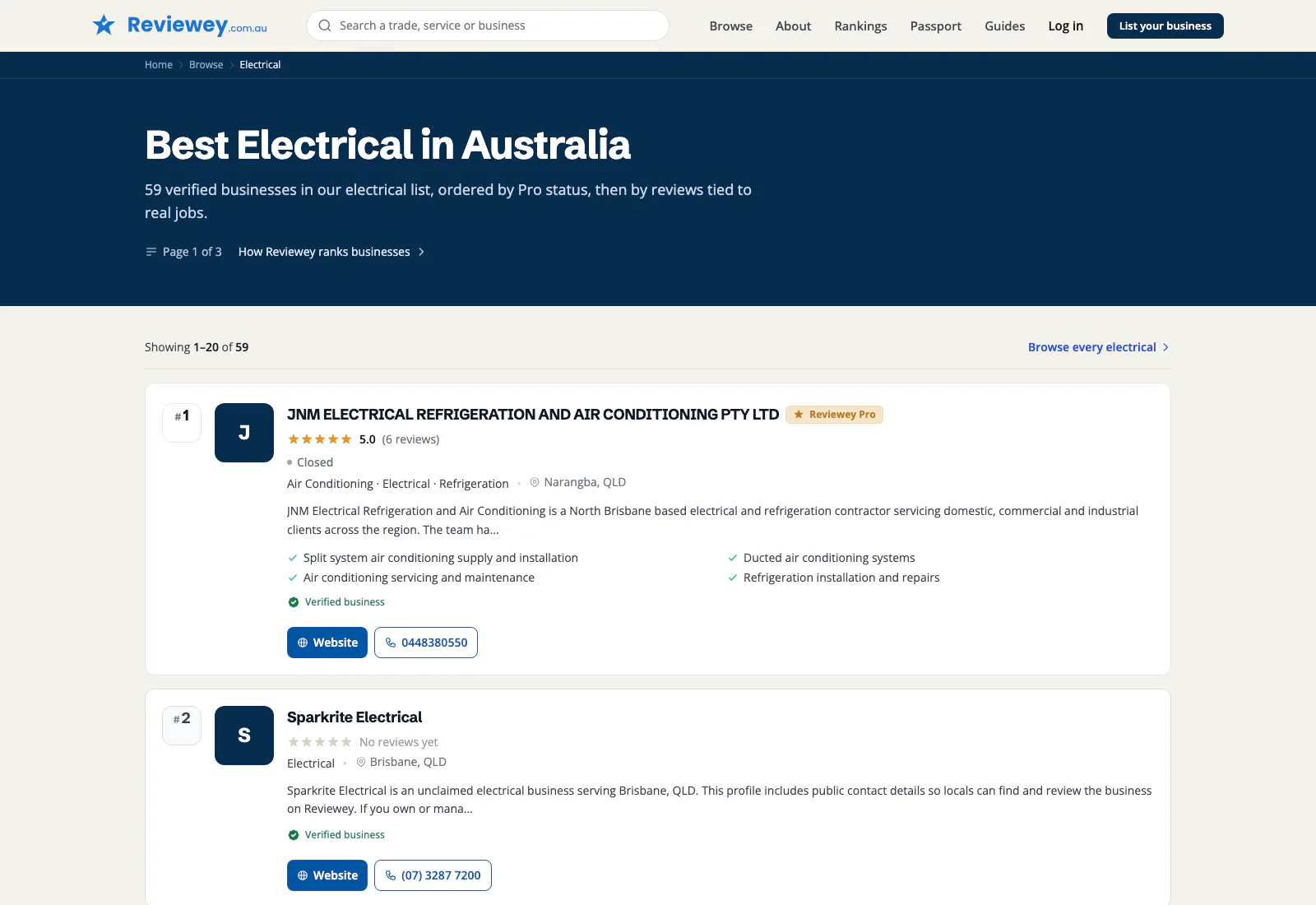 A Reviewey category listing ranking electrical businesses by verified reviews, with star ratings and Reviewey Pro badges.