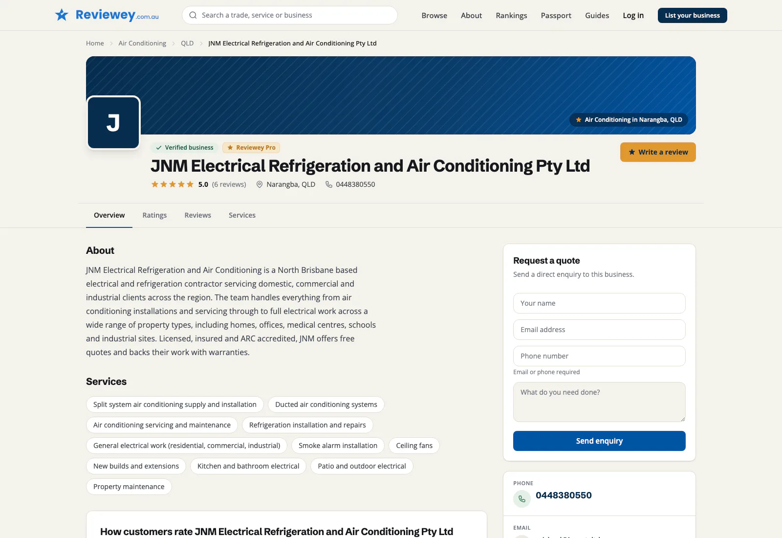 A Reviewey business profile showing the rating, services and a request-a-quote contact form.