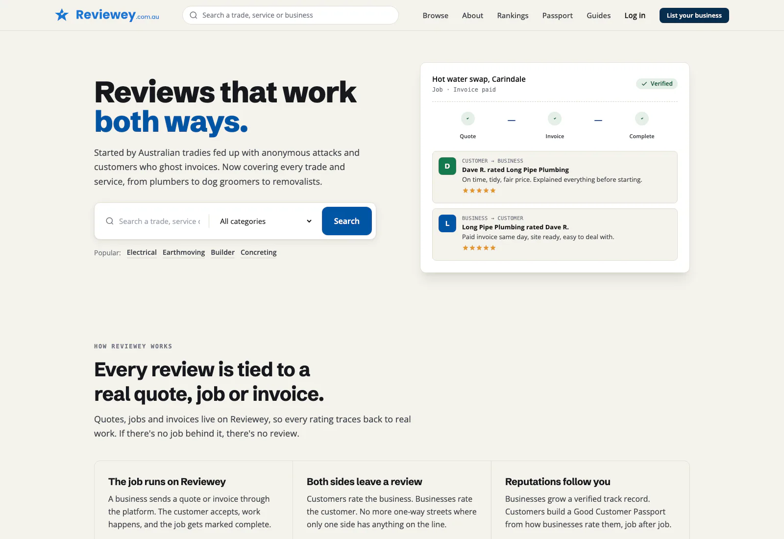 Reviewey homepage showing reviews that work both ways, with a sample verified job and a trade search.