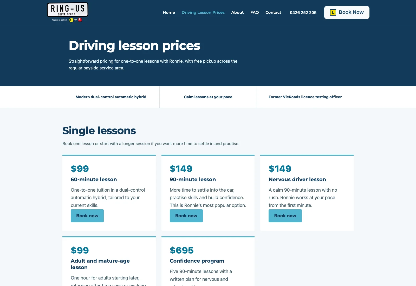 Ring Us Drive School lesson pricing page with one-to-one, nervous driver, mature-age and confidence programme options.